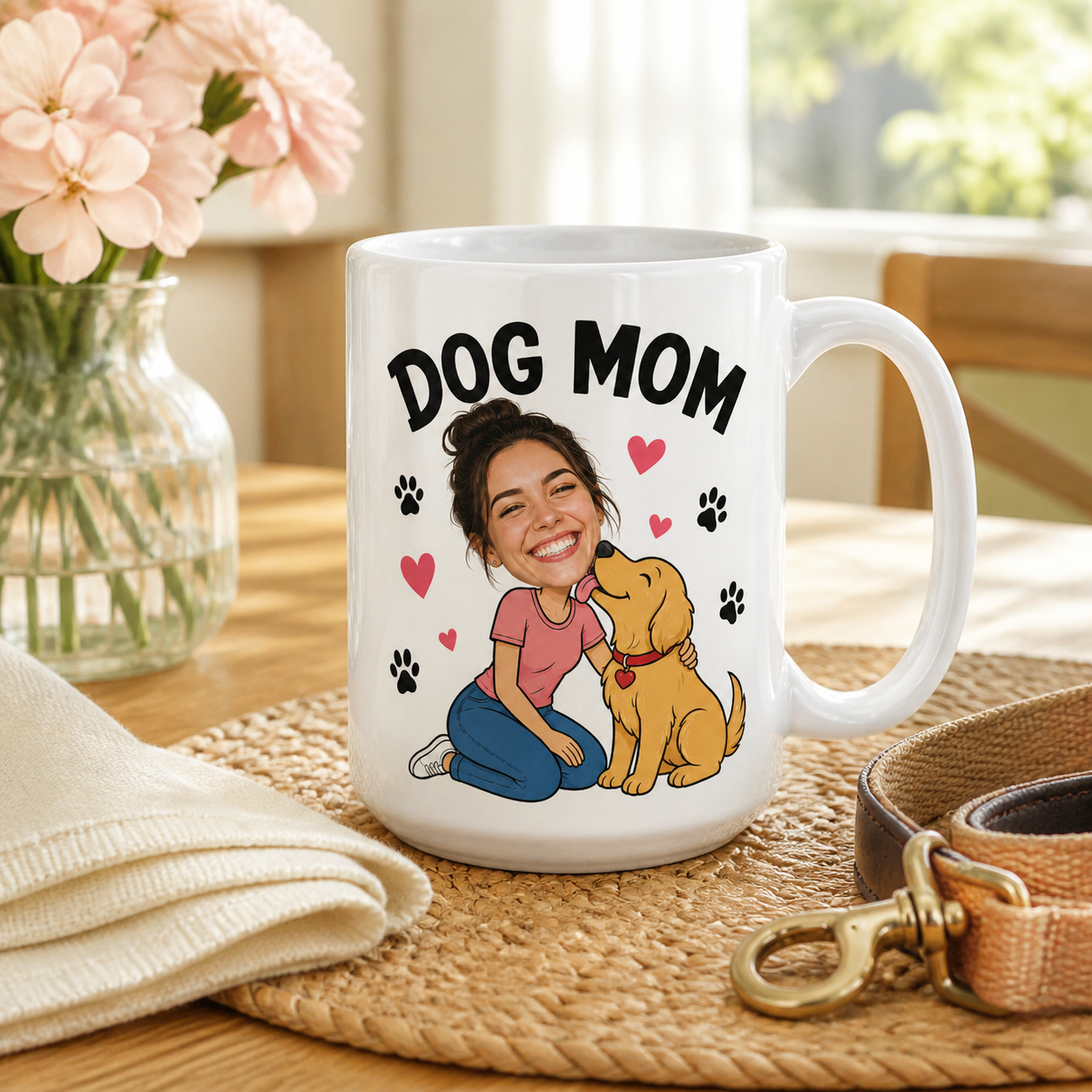 Dog Mom Forever custom mug in a lifestyle setting